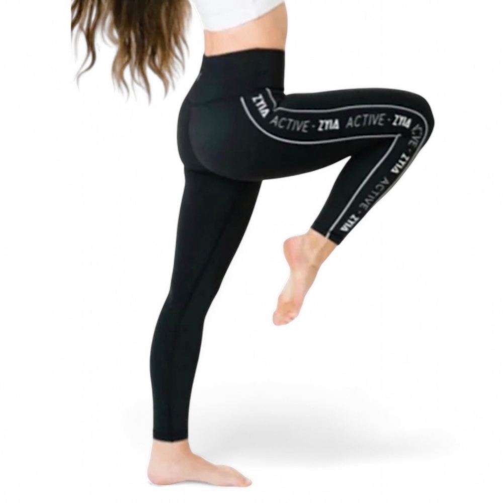 Zyia Active Light N Tight 7/8 Leggings Black Logo Stripe Sz 2 High Waist
